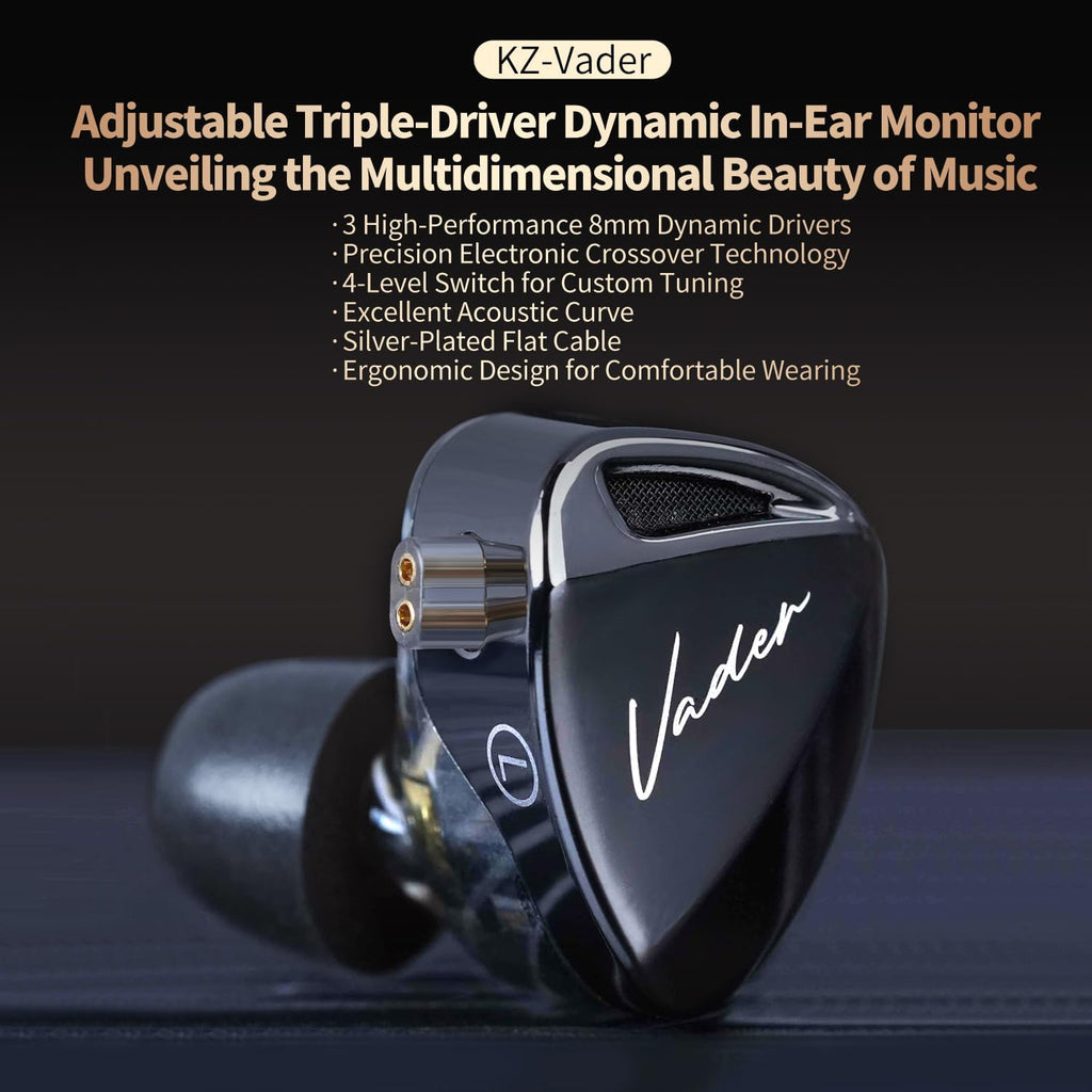 KZ-Vader Triple Dynamic Driver Wired IEM Earphones – 3.5mm Hi-Fi In-Ear Monitors with 4-Level Tuning, Detachable 0.75mm Cable